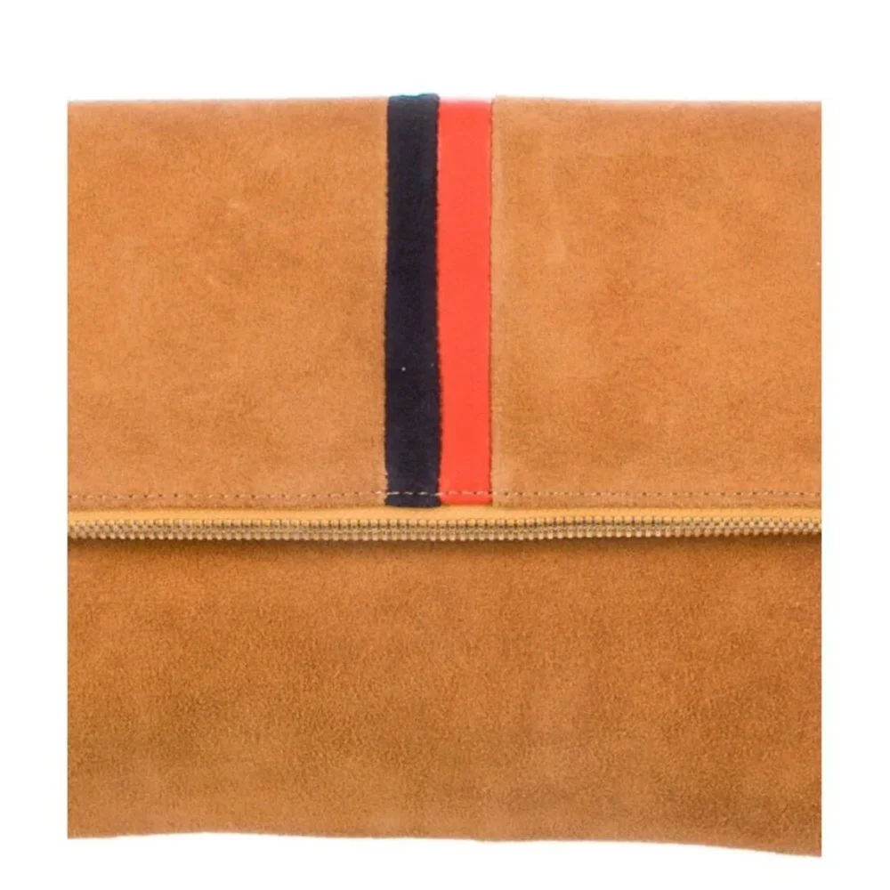 Clare V Camel Stripe Suede Leather Foldover Clutch Purse - Picture 9 of 13